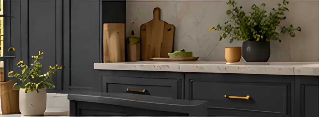 Charcoal kitchen cabinets with brass handles and wooden boards