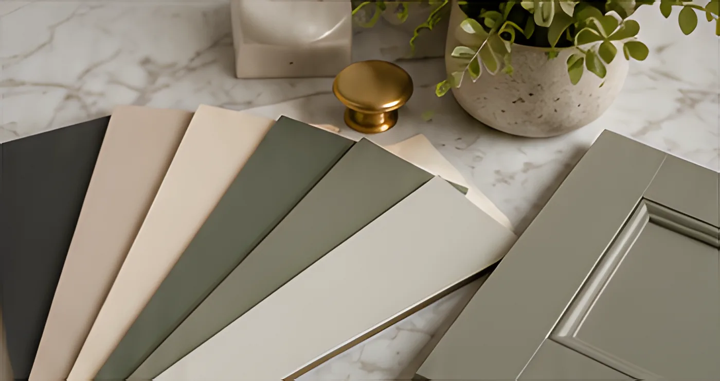 Fan of colour sample boards in neutral, sage and charcoal on a marble surface