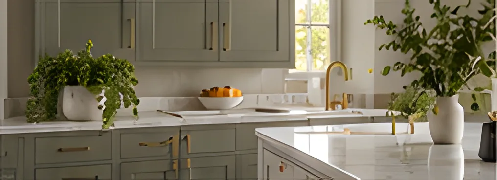 Soft green kitchen cabinets with a marble worktop and brass tap