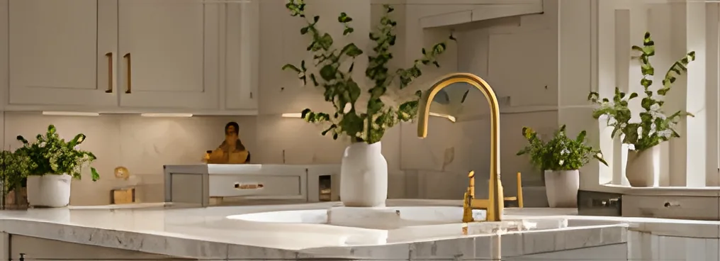 Neutral kitchen with a marble island, brass tap and plants