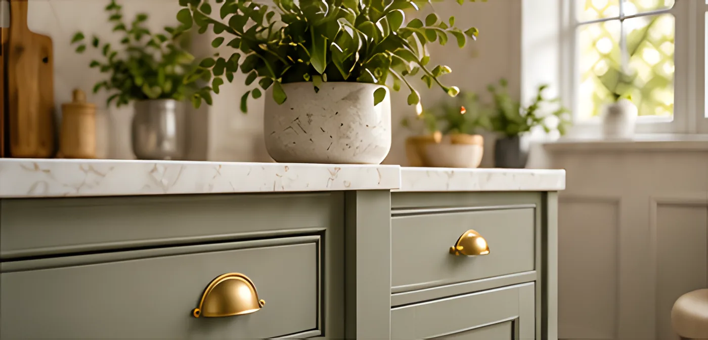 Sage drawers with brass cup handles under a marble worktop and potted plant