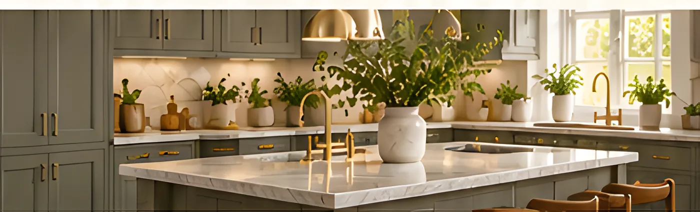 Sage kitchen with brass taps, pendant lights and a marble island