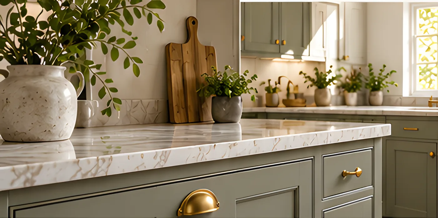 Sage kitchen cabinets with a marble worktop, ceramic vase and wooden chopping boards