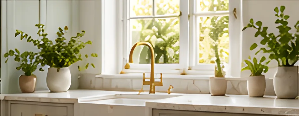Kitchen window with daylight falling on plants and a brass tap