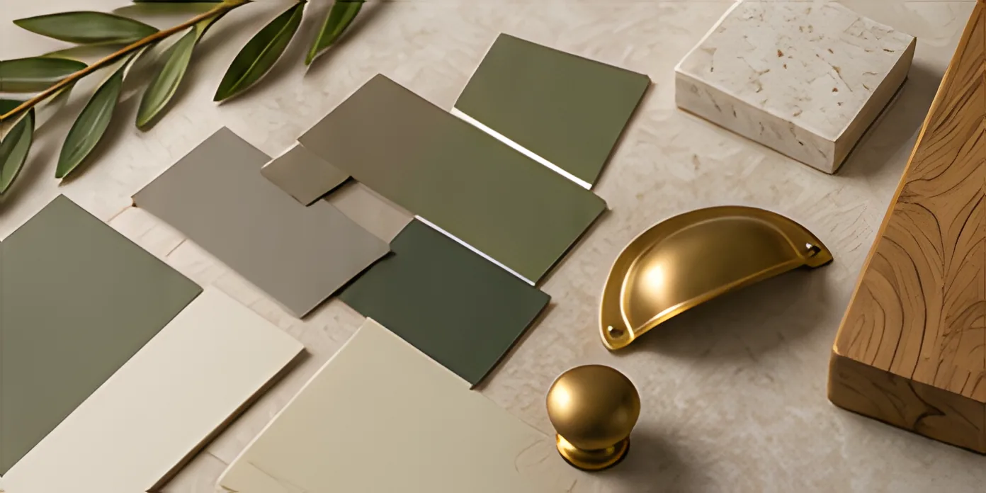 Sage and olive colour sample boards with brass handles and natural materials on a stone surface