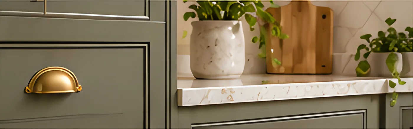 Sage cabinet drawer with a brass cup handle beside a marble worktop