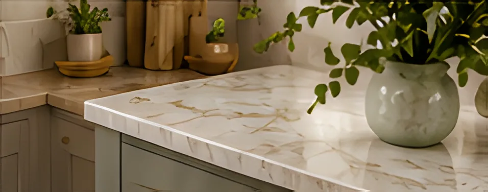 Marble worktop corner above sage cabinetry with a ceramic plant pot