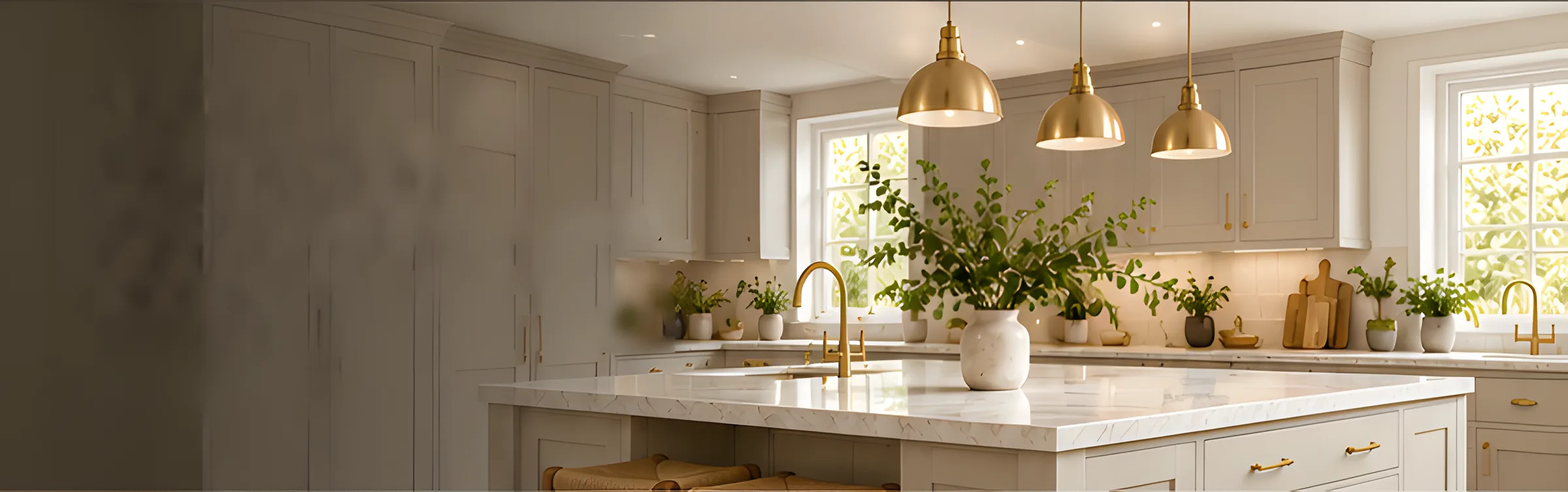 Light neutral kitchen with a marble island, brass pendant lights, plants and bright windows