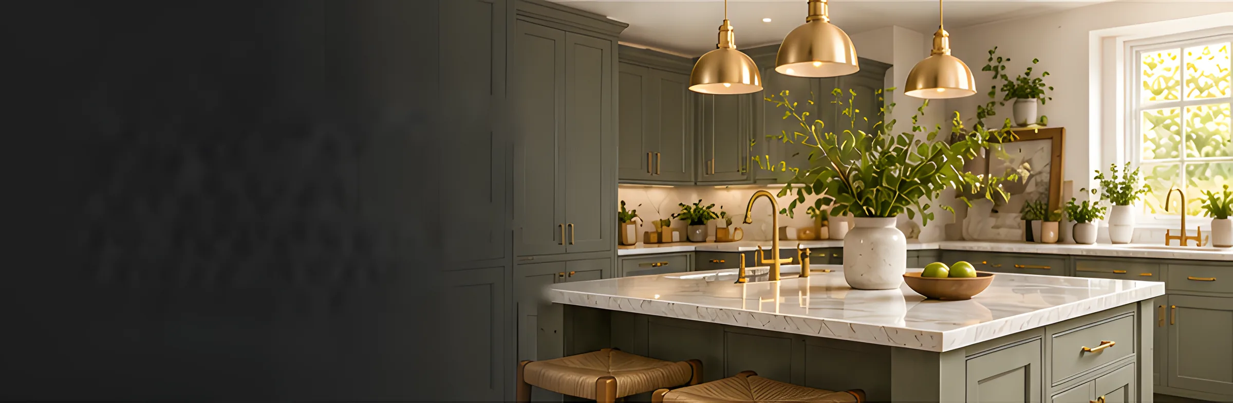 Sage green kitchen with a marble island, brass pendant lights and woven stools