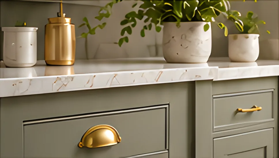 Sage drawer fronts with a brass cup handle under a marble worktop