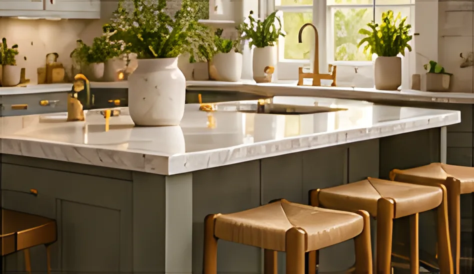 Sage kitchen island with a marble top and woven bar stools