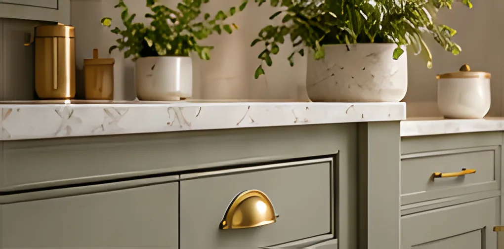 Sage green cabinet drawers with a brass cup handle beneath a marble worktop