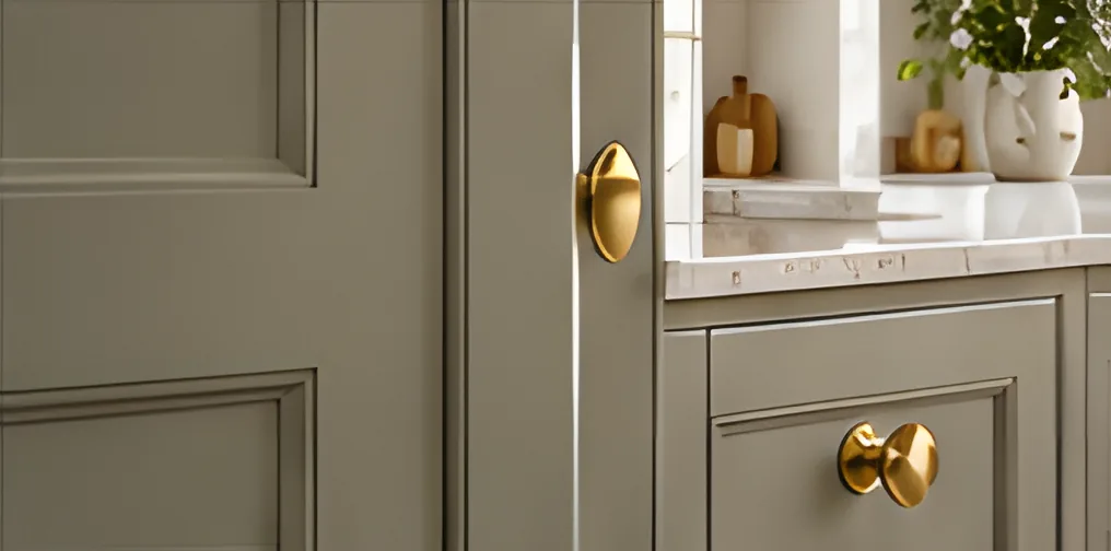 Panelled sage cabinet door and drawer front with brass knobs